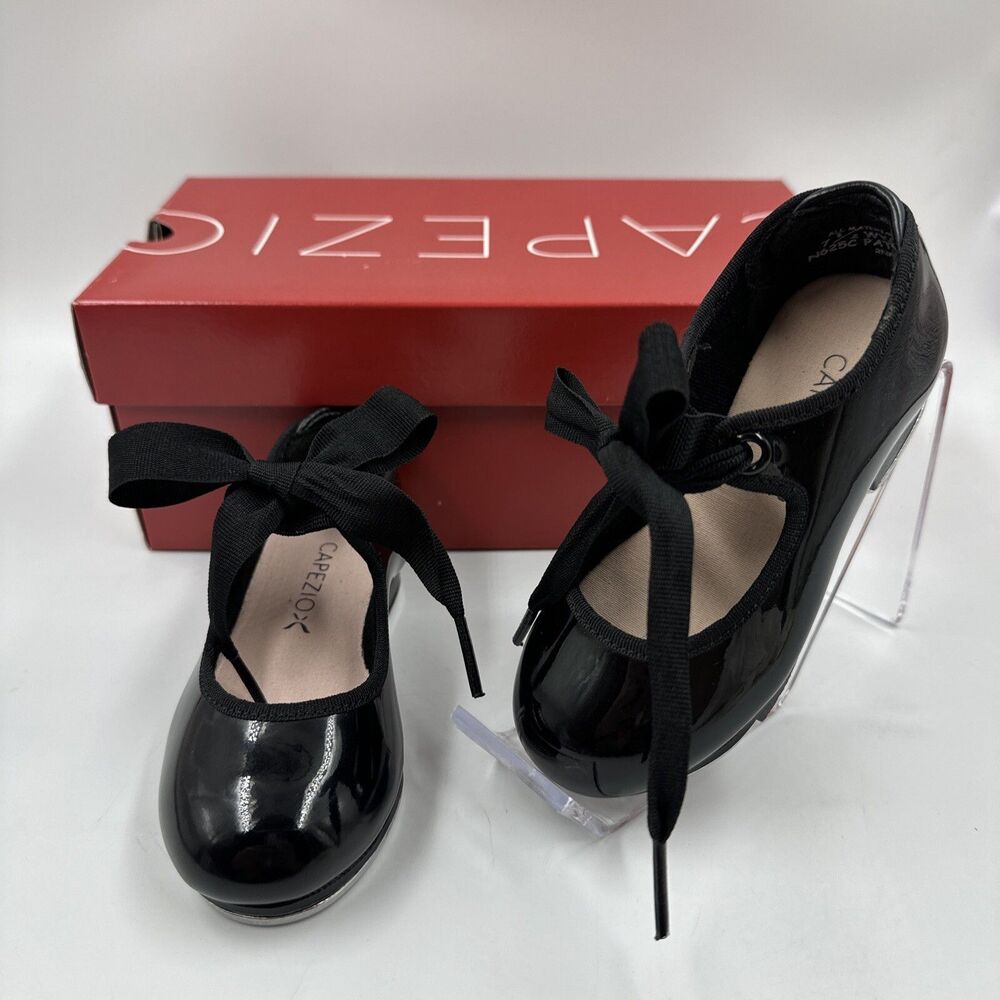 Little Girls Capezio Jr Tyette Black Tap Dance Shoes Sz 7.5WW Tie Bow N625C